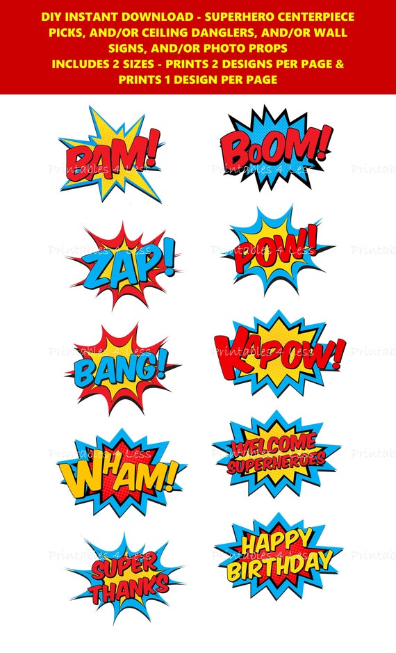 Superhero Centerpiece Pick Superhero Party Supplies Diy Superhero Party Decoration Printable Superhero Ceiling Dangler Printables 4 Less