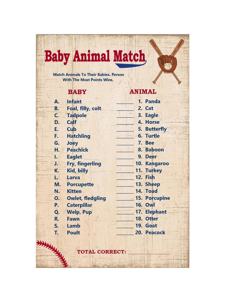 Baseball Baby Animal Match Baby Animals Name Game Printable | Etsy