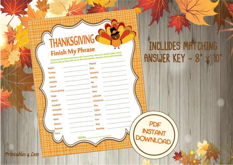 Thanksgiving Finish My Phrase Printable Thanksgiving Party ...