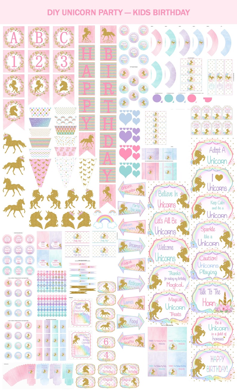Unicorn Party Printable Diy Birthday Pink Gold Image 0