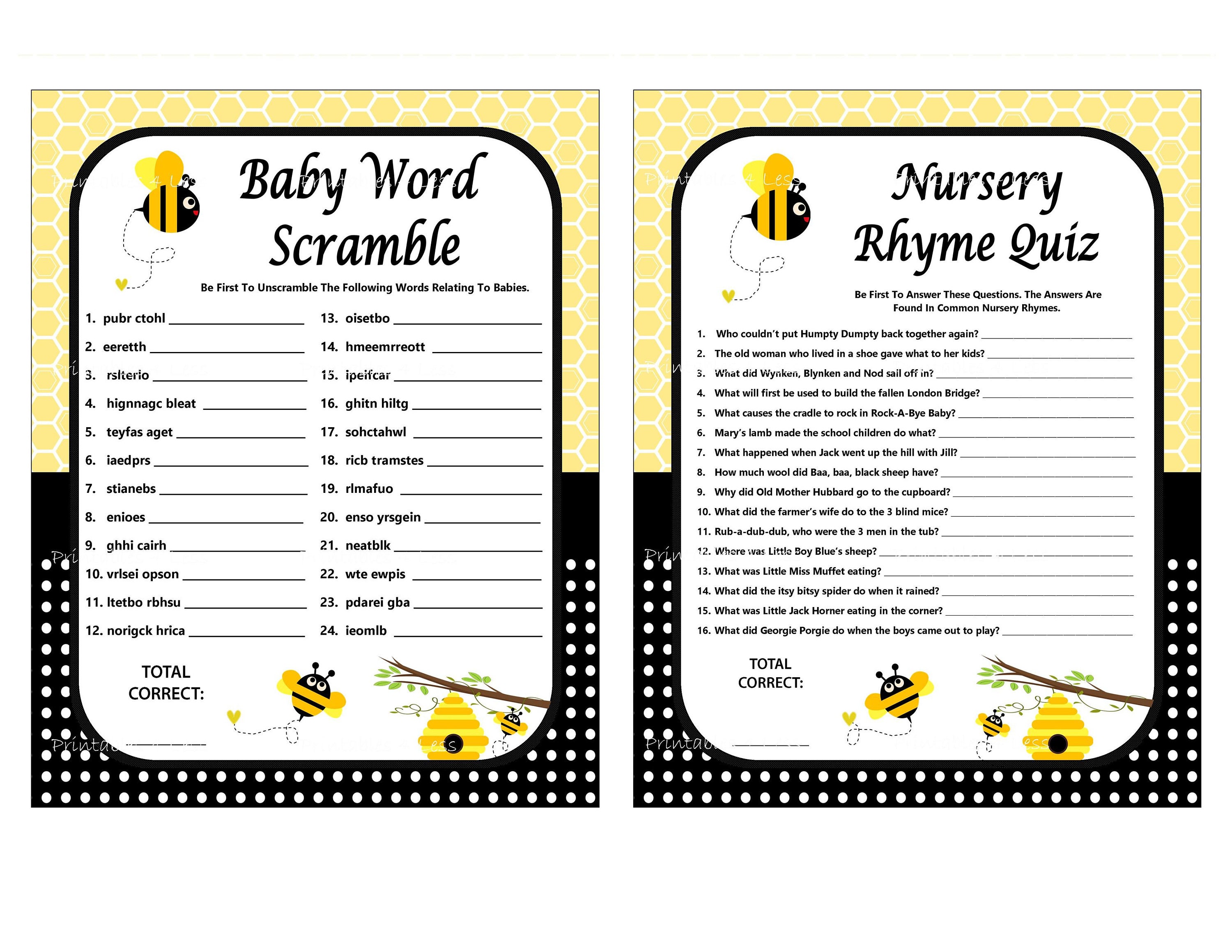Bee Baby Shower Games Bumble Bee Baby Shower Game Package Etsy