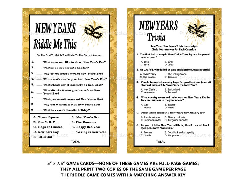 New Years Riddles Printables 4 Less New Years Games New Years Finish My Phrase Printable New Years Party Game Ideas New Years Trivia Party Favors Games Paper Party Supplies Aloli Ru