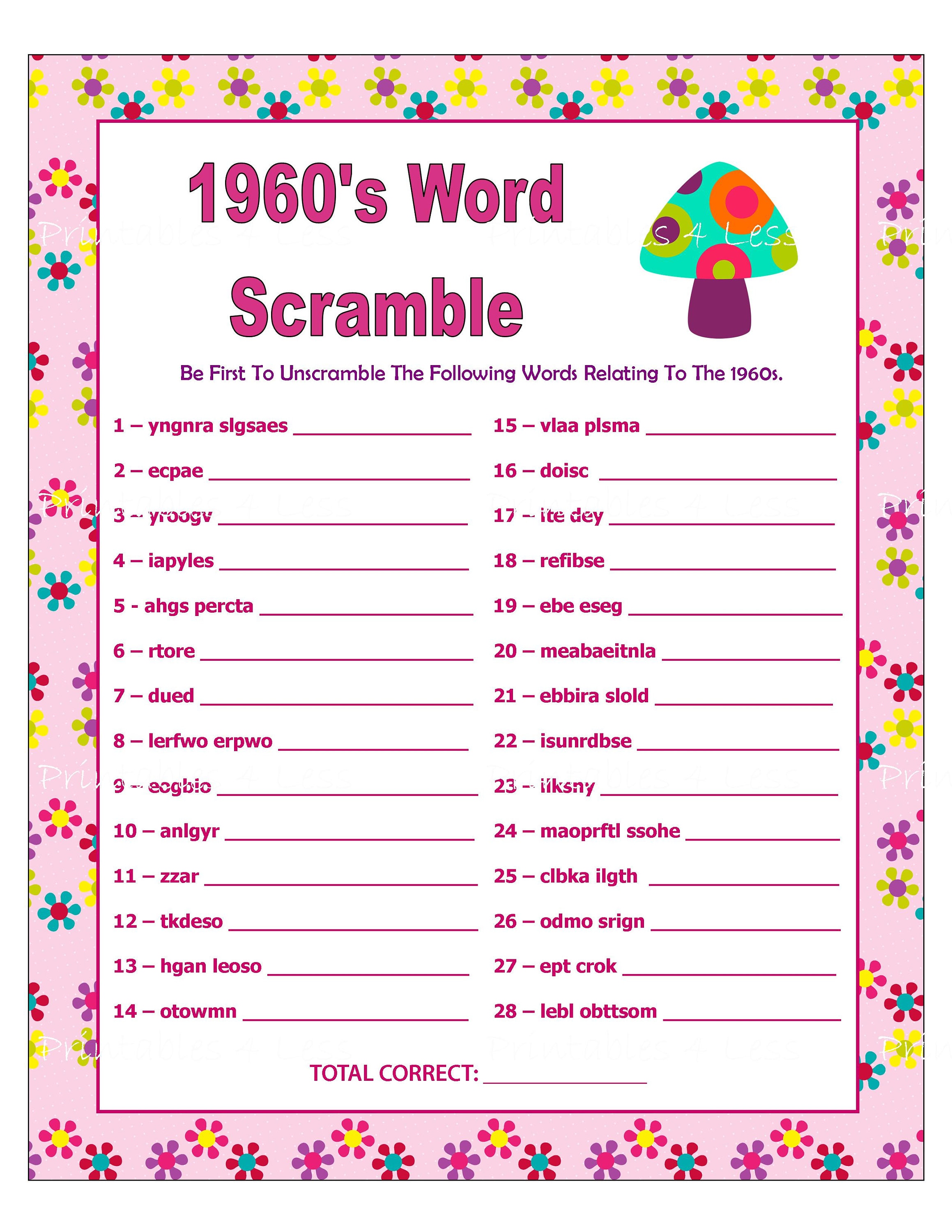 1960s word scramble game retro party game diy printable word etsy