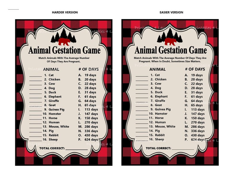 Lumberjack Animal Gestation Game Printable Buffalo Plaid Etsy