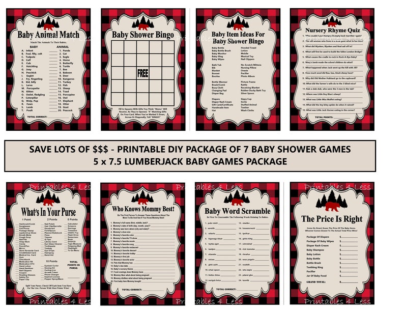 woodland digital games INSTANT DOWNLOAD Rustic lumberjack baby shower printable games package 3 buffalo plaid game bundle