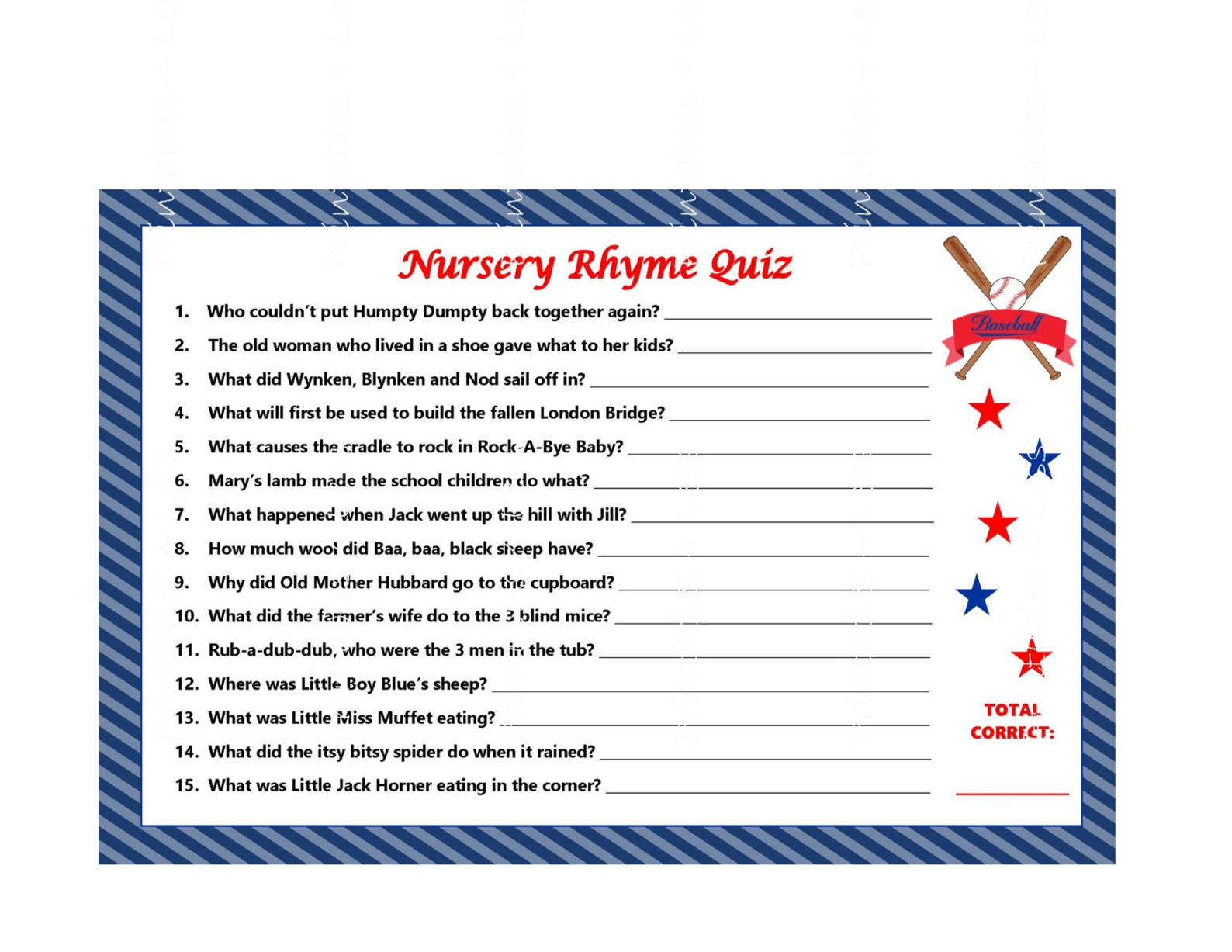 Baseball Nursery Rhyme Game Name That Rhyme Printable Etsy