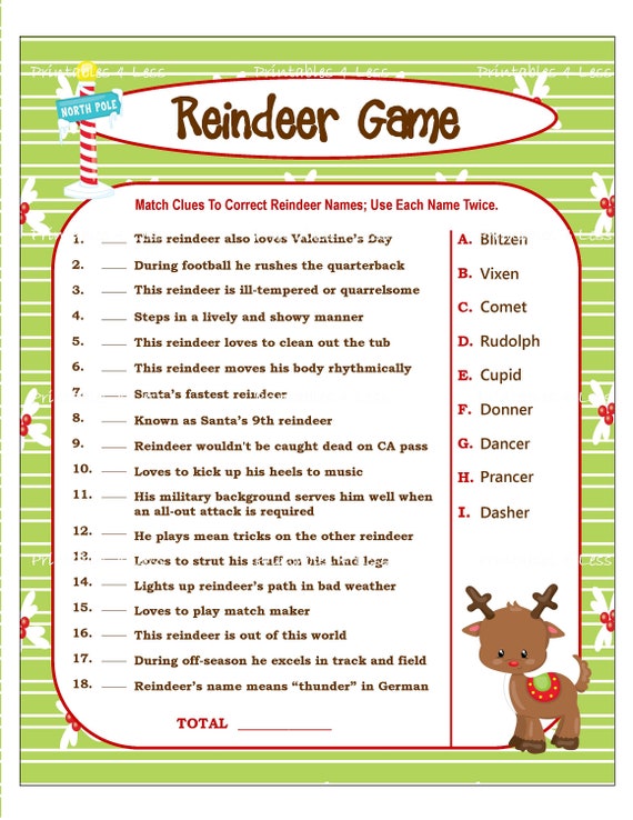 Reindeer Game Printable Christmas Game For Party DIY Holiday | Etsy