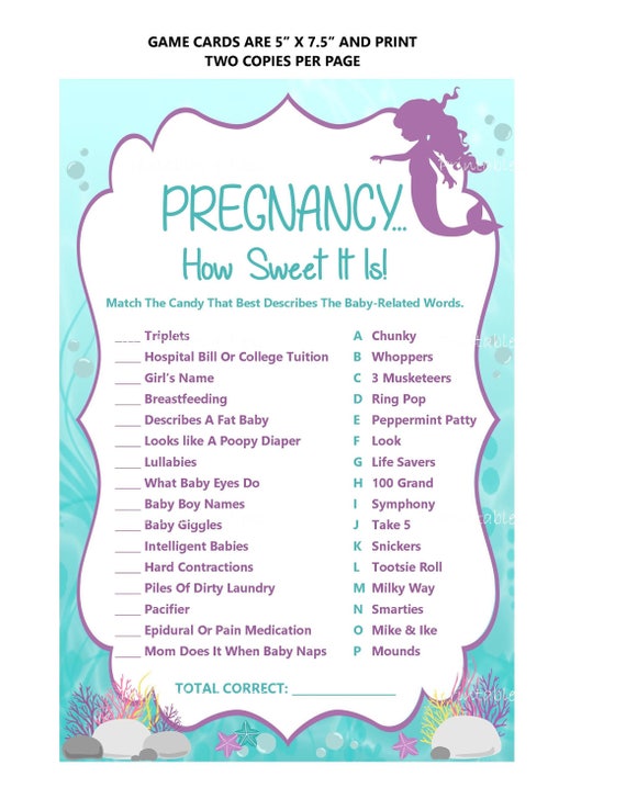 Mermaid Pregnancy Candy Game Aqua Purple Mermaid Baby Shower Etsy