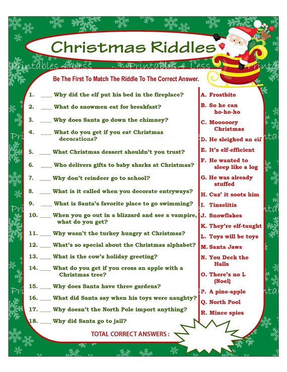 Christmas Riddles Christmas Party Game Holiday Party Game Etsy