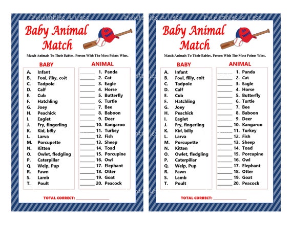 Baseball Baby Animal Match Baby Animal Name Game Baseball Etsy