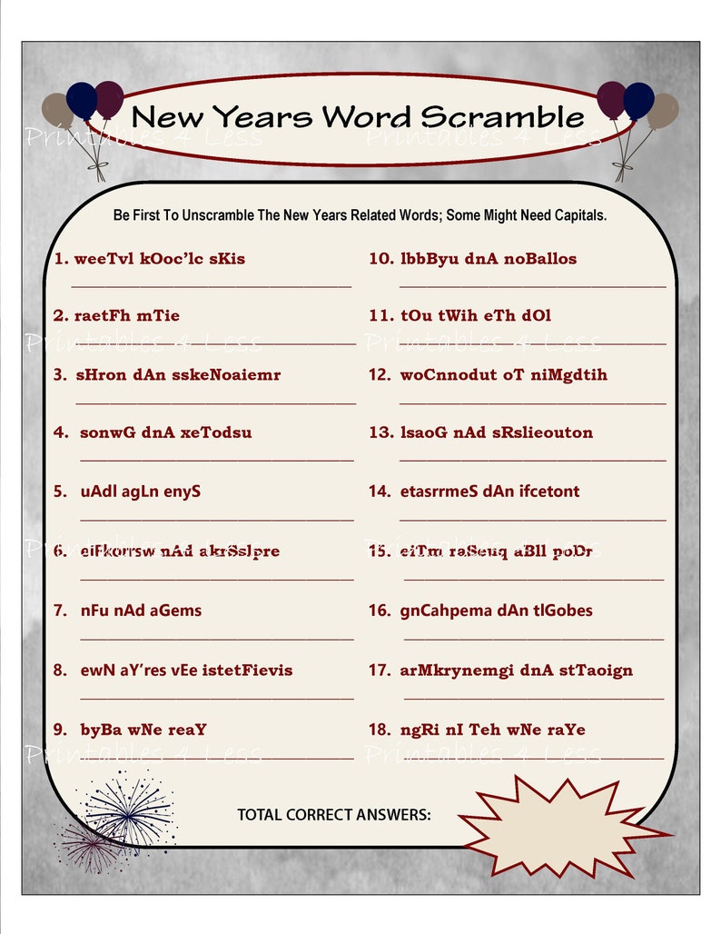 New Years Word Scramble Game Printable New Years Scramble | Etsy