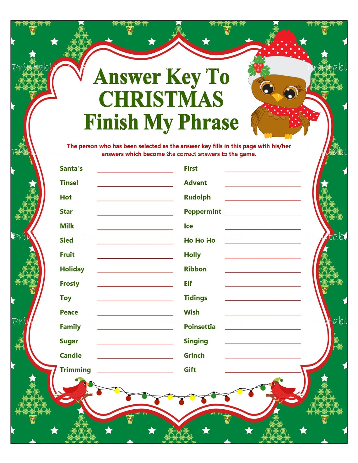 Christmas Finish My Phrase Holiday Party Games Printable | Etsy