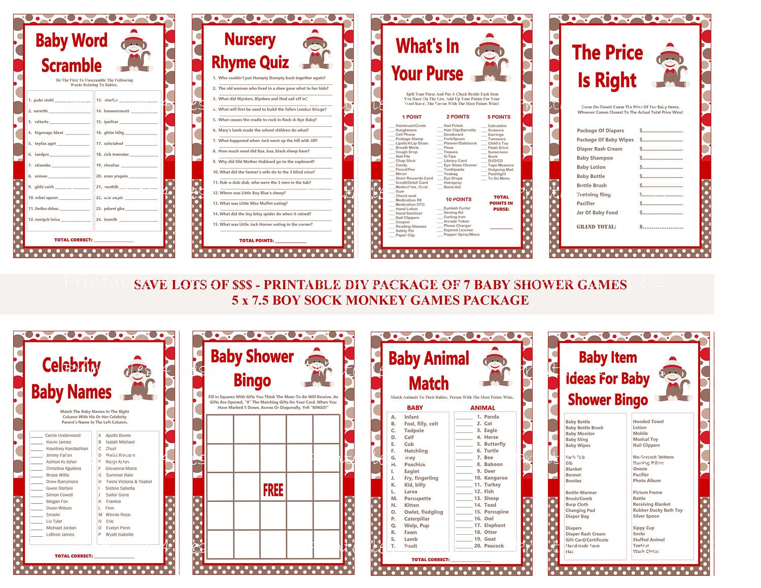 Sock Monkey Baby Shower Game Printable Sock Monkey Game Boy Etsy