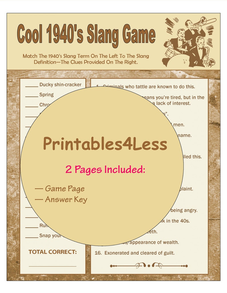 1940s Slang Sport, 1940s Celebration Match Printable, Occasion Local community Sport, Evening meal Celebration Activity, Head Teaser Sport, Icebreaker Activity - Printables 4 A lot less photo relating to Printable Party Game titled 1940s Slang Activity, 1940s Bash Recreation Printable, Celebration Neighborhood Video game, Meal Get together Video game, Head Teaser Sport, Icebreaker Video game - Printables 4 A lot less