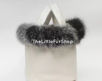 Genuine leather bucket bag with fox fur trim. Bucket bag. Handbag. Winter bag. Women bag.