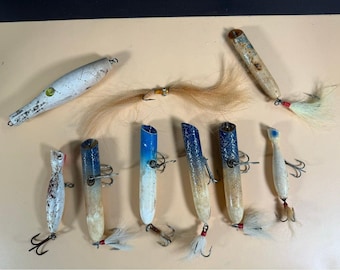 Musky Fishing Lures Lot of 9 Wooden Hard Body Plugs Hair Tail Mid Century