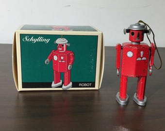 2 Schylling Tin Toy Ornaments – Robot & Ocean Liner (1997 Reproduction) w/ Boxes