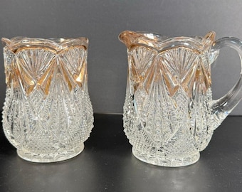 Vintage Pressed Gold Leaf Glass Creamer & Sugar Set