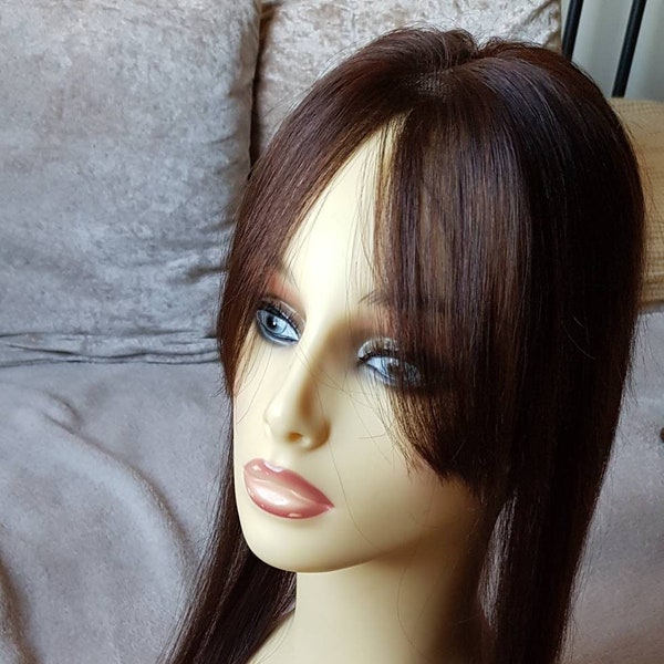 16" 4x4" wide Lace topper piece 100% human hair. 50g/ with 4-5 clips attached. Alopecia thinning hair help.