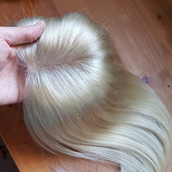 16" 4x4" wide Lace topper piece 100% human hair. 50g/ with 4-5 clips attached. Alopecia thinning hair help.