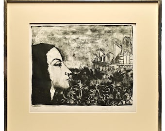 HILDA CASTELLON Original Vintage Signed Figurative Portrait Illustration Homestead Garden Landscape Lithograph