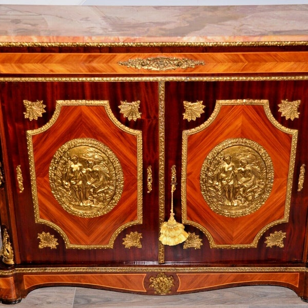 Antique Original Rouge Marble Top Figural Bronze Dore Inlaid Commode Sideboard Server Console Cabinet Dresser Chest