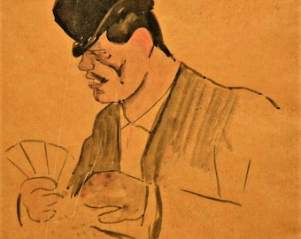 GEORGES ALFRED BOTTINI Original Vintage Signed Cash Collector Gangster Portrait Mixed Media Sketch Painting