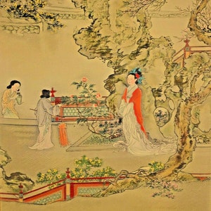 Original Antique Vintage Artist Signed Hand Painted Chinese Silk Mountain River Garden Landscape Watercolor Painting in Bamboo Carved Frame