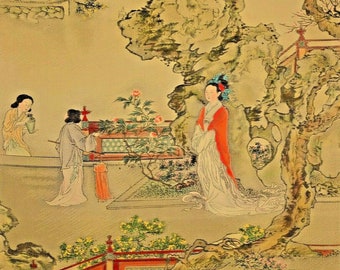 Antique Chinese Silk Painting, Mountain River Landscape, Bamboo Frame