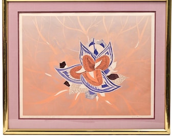 Litografía original vintage firmada de Richard Williams sobre naturaleza muerta floral.