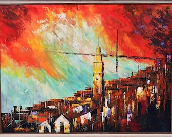 JACK LAYCOX Original Vintage Signed Coastal Building Skyline Bridge Cityscape Painting