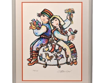 JOVAN OBICAN Oryginalna, zabytkowa, podpisana Judaika, dwójka dzieci, portret rodzinny, ilustracja, litografia