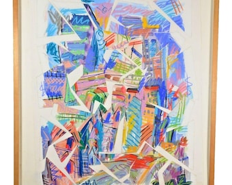 DIANE TANCHAK Pintura abstracta de técnica mixta, collage, firmada, de estilo vintage de mediados de siglo, firmada.