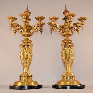 Antique Original 19th Century Gilded Bronze Dore Candelabras Figural Sculpture Candlesticks Candle Holder Statue PAIR 2 FT Tall / 7 Lights