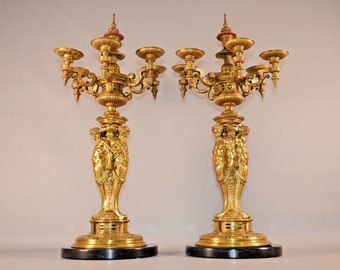 Antique Original 19th Century Gilded Bronze Dore Candelabras Figural Sculpture Candlesticks Candle Holder Statue PAIR 2 FT Tall / 7 Lights