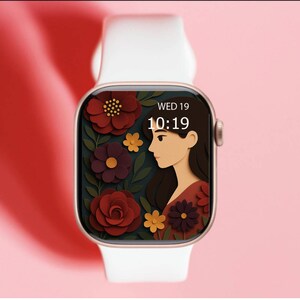 Sfondo Apple Watch - Ritratto floreale ritagliato su carta con toni scuri e donna elegante