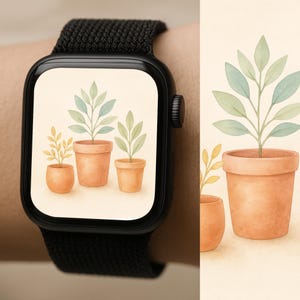 Sfondo per Apple Watch con vaso in terracotta Boho - Download digitale di quadrante per orologio con pianta acquerello, estetica minimalista / botanica pastello