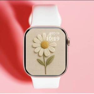 Sfondo per Apple Watch con margherite ricamate neutre - Quadrante floreale con cuciture in lino color crema / Download digitale minimalista Boho