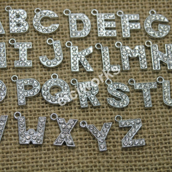 Wholesale 26pcs Silver Planted Crystal A-Z Rhinestone Alphabet Letter Charm Connector/Pendant Beads