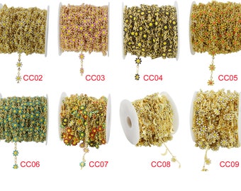 Handmade Enamel Sunflower Beading Chain, Golden Plated Brass - 1 Yard