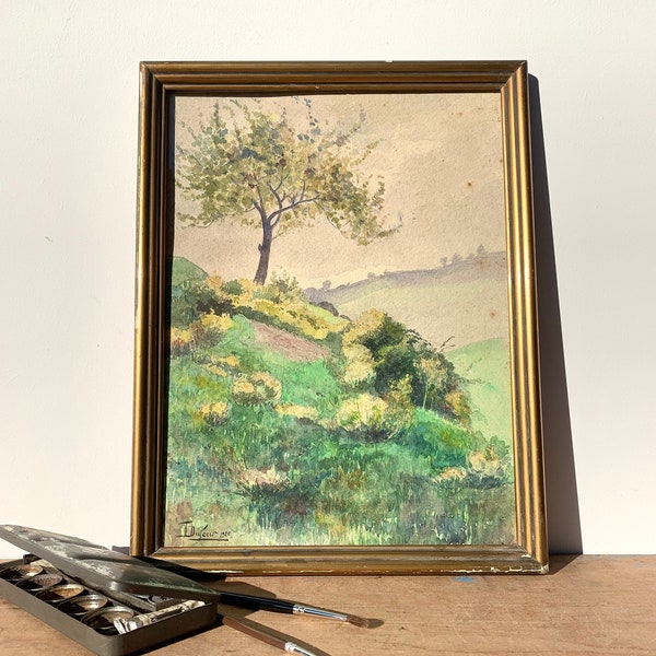 Aquarelle ancienne d'un paysage français datant de 1925