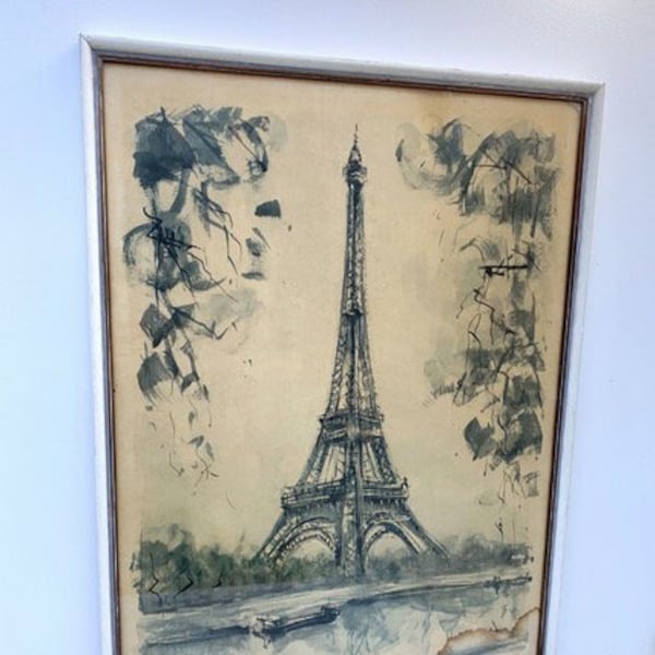 Tableau esquisse de la Tour Eiffel par Marius Girard célèbre aquarelliste français