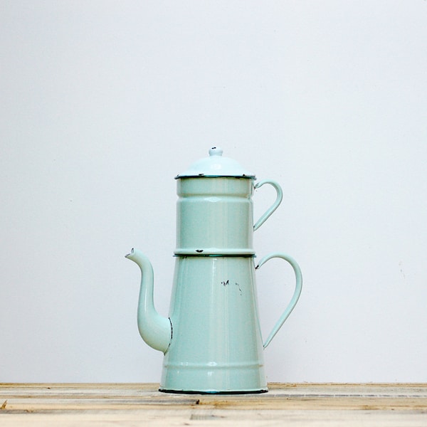 Coffee maker mint green, French vintage mint green enamel, emerald green coffee pot