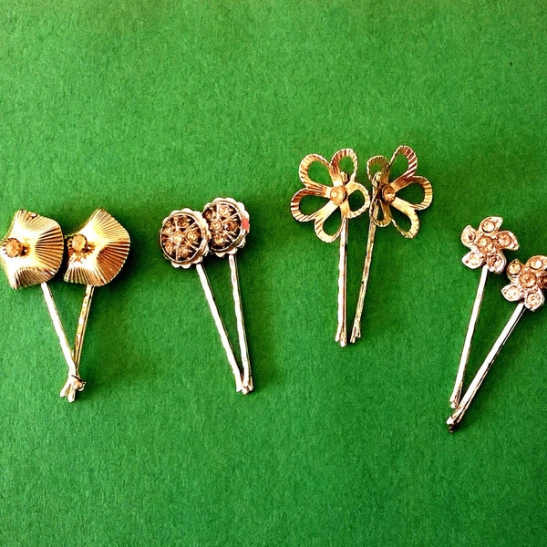 Rhinestone Bobby Pins Flowers Vintage Bridal Jeweled Hair Accessories Retro Weddings Something Blue 1960s Four Pairs, Eight Bobby Pins