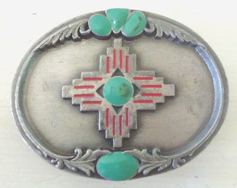 Native American Inspired Cross Belt Buckle/Silver Turquoise Enamel/Sishiyou Buckle Co/1995/Heavy Buckle/Metal/lindafrenchgallery