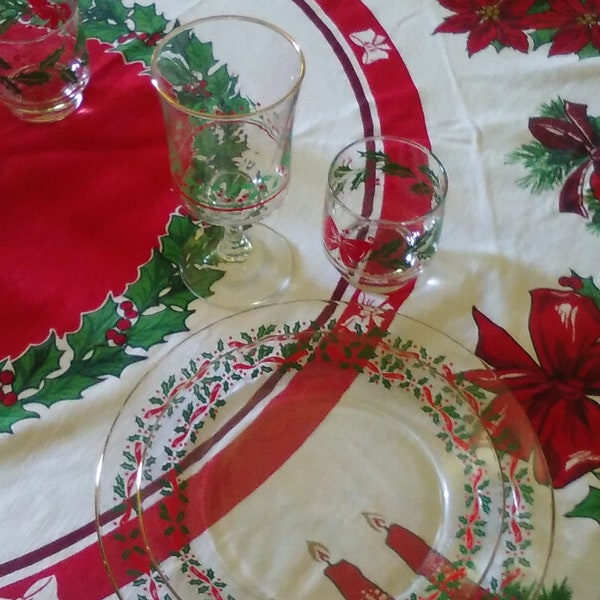 Christmas Dishes Set/Clear Glass with Embossed Holly, Berries, Gold Plate Edges/Crystal Wine Goblets/4 Dessert Plates/Mismatched/10 inch