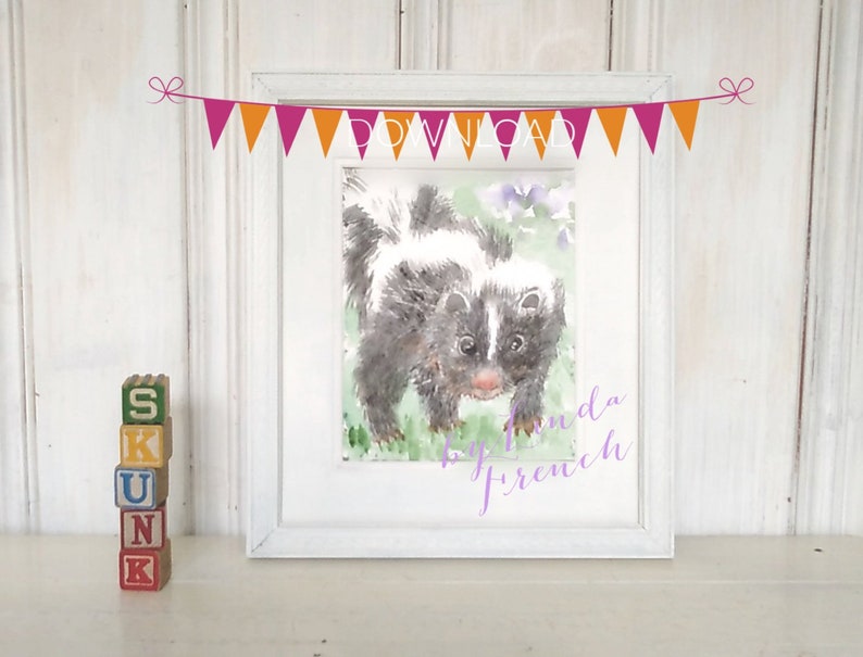 Baby Skunk Watercolor Painting Instant Download/Kid's Room Art/Woodland Nursery Print/Gender Neutral/DIGITAL/Baby's Name Personalized image 5