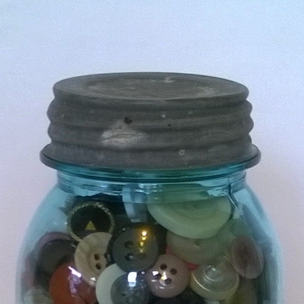 Jar of Buttons Vintage Antique Buttons in an Aqua Quart Ball Jar with Zinc Lid Authentic Collection Home Decor