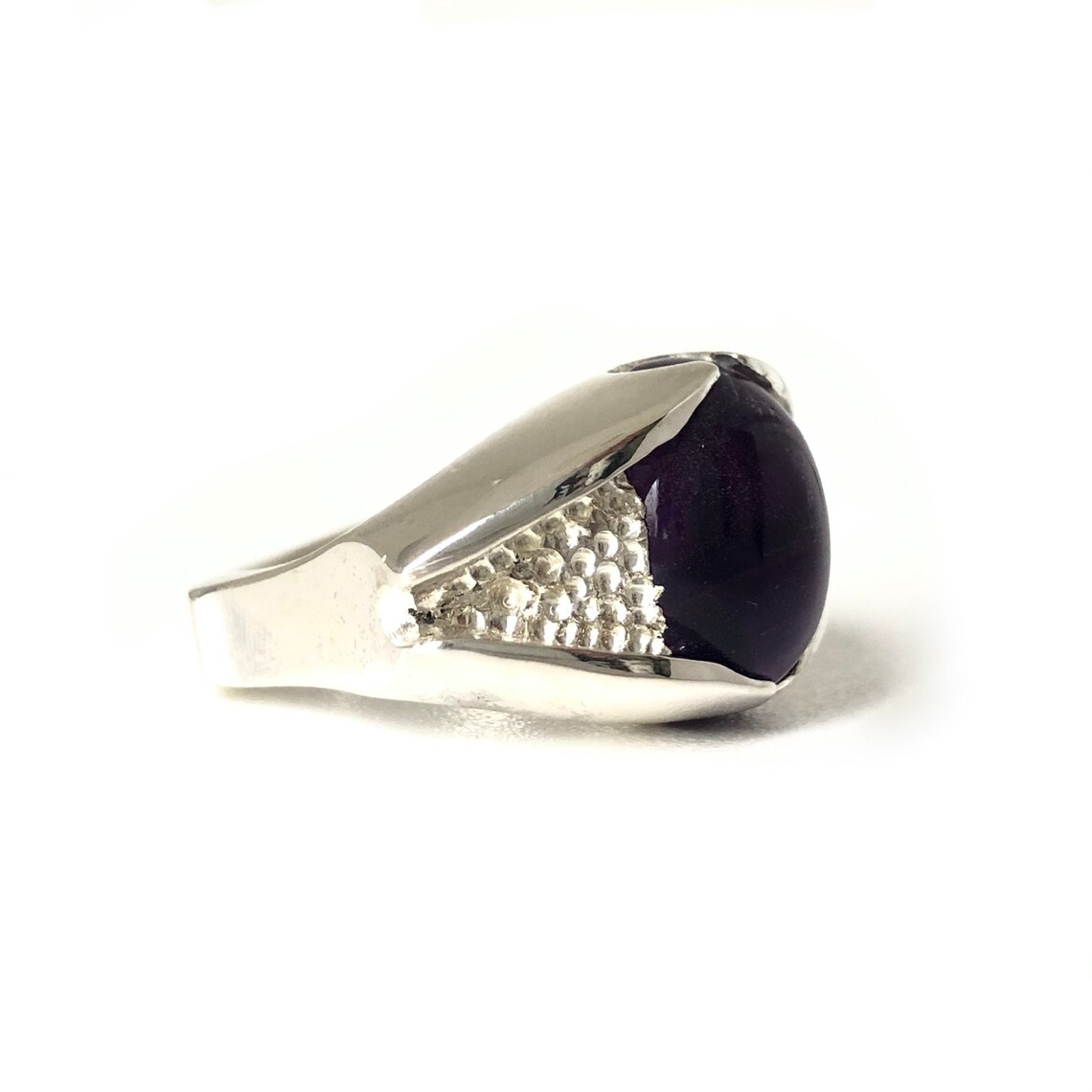 Bague Argent Massif Avec Cabochon D'améthyste - Taille 53, Style Arabesques