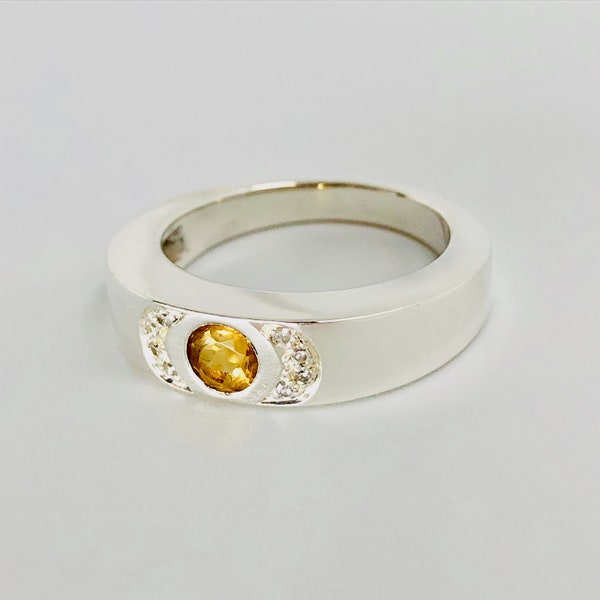 Bague parenthèses citrine et oxydes, en argent massif